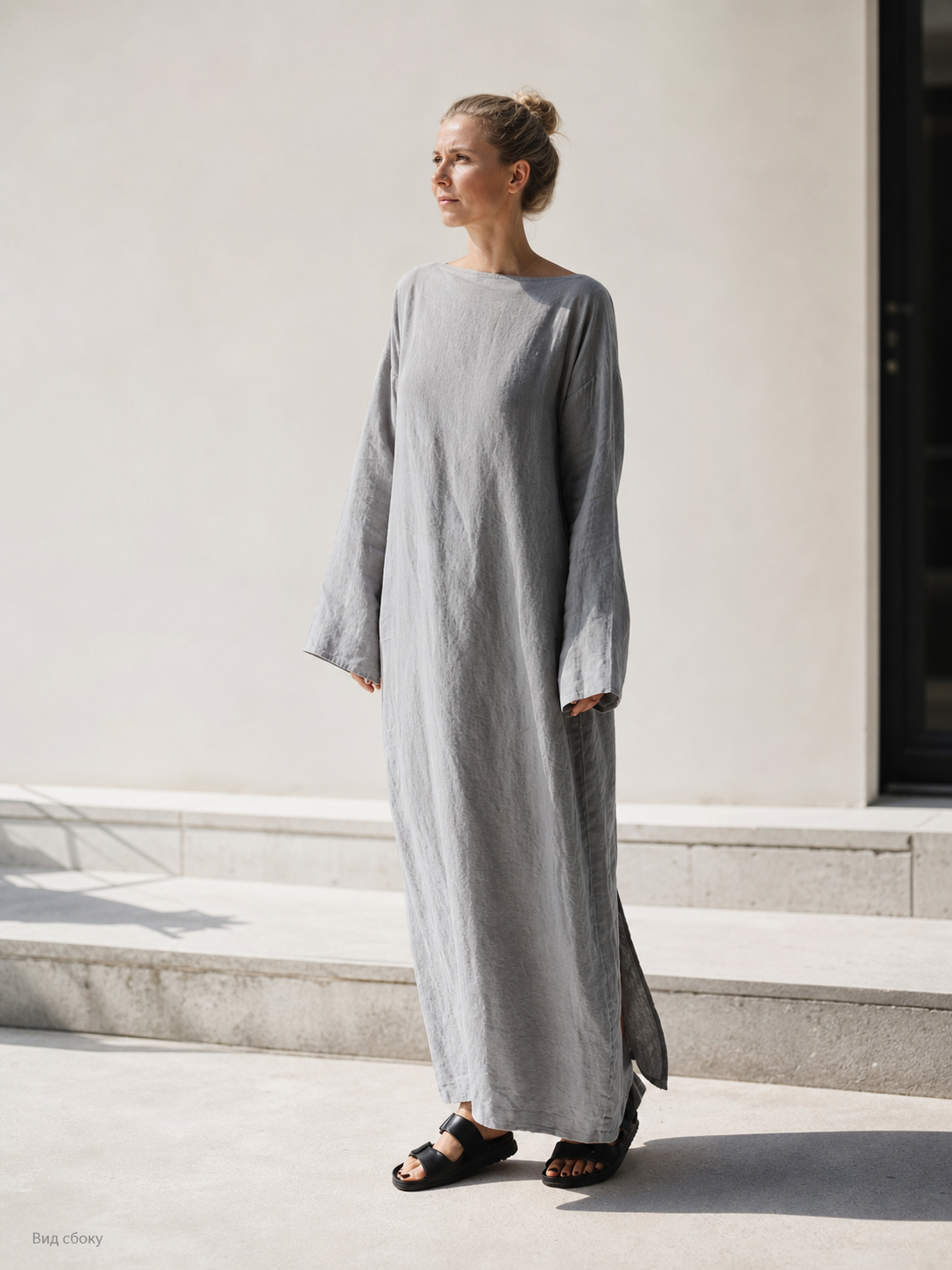 Long Gray Dress with Long Sleeves and Slits
