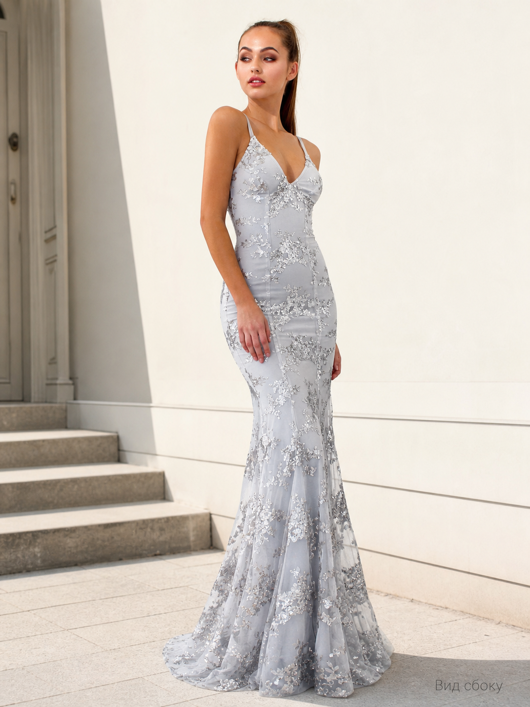 Women's Silver-Gray Sequin Dress with a V-Neckline