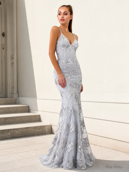 Women's Silver-Gray Sequin Dress with a V-Neckline