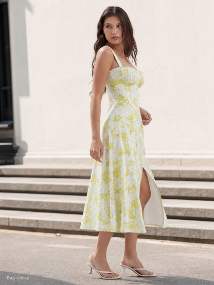 Women's Midi Dress with Yellow Floral Print and Slit