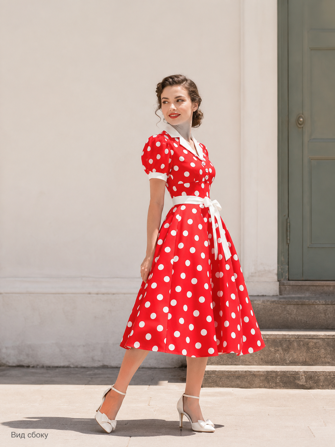 Polka Dot Dress with a Turn-Down Collar and Belt