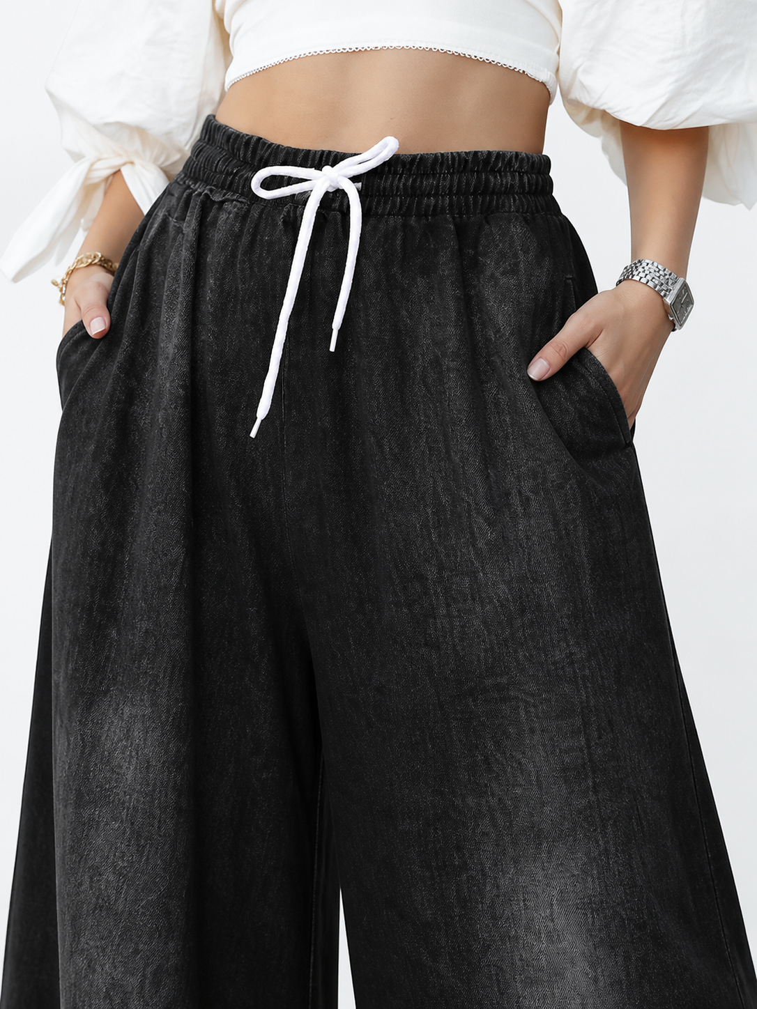 Solid Black Wide-Leg Pants with Elastic Waist and Contrast White Drawstrings