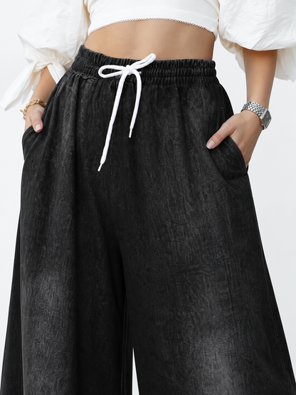 Solid Black Wide-Leg Pants with Elastic Waist and Contrast White Drawstrings