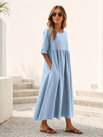 Long Loose-Fit Dress with a Round Neckline and 7/8 Sleeves