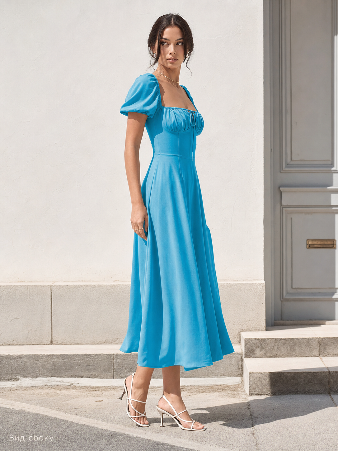 Women’s blue midi dress with a square neckline