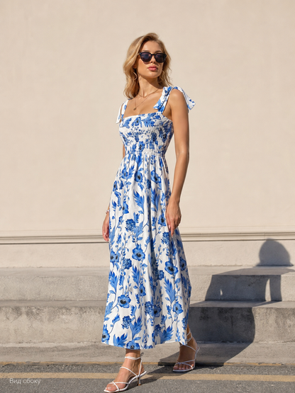 Women's Long Dress with a Square Neckline and Tie Straps