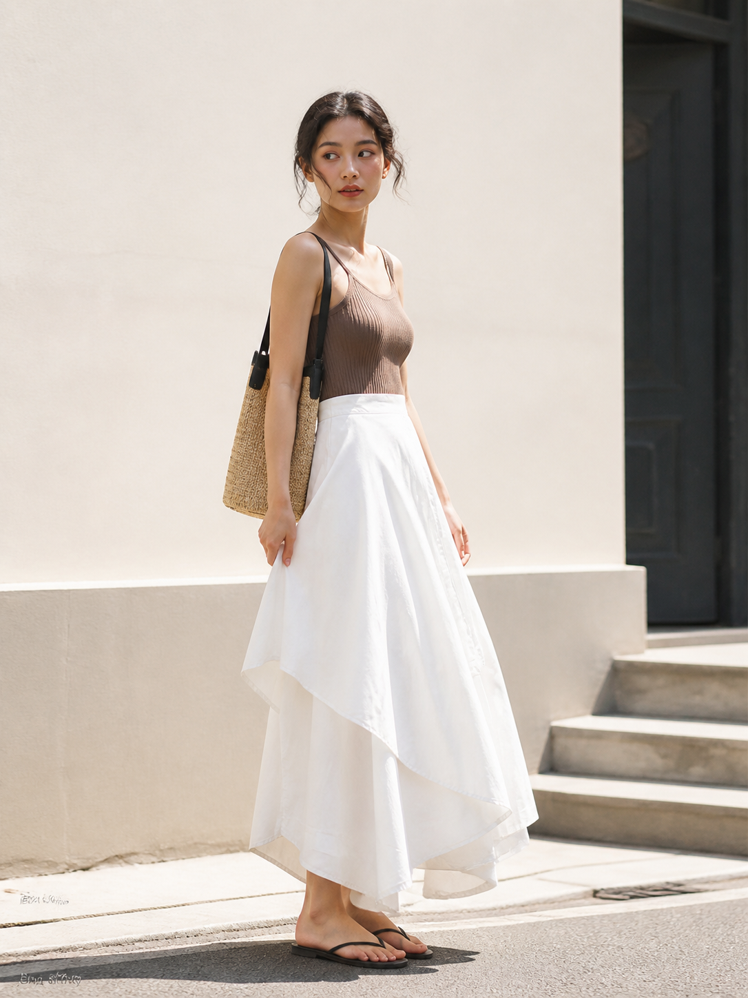 Women's White Long A-Line Skirt with Tiered Hem