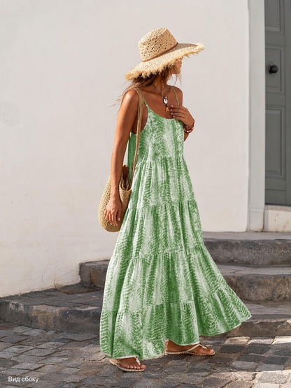 Women's Long Green-and-White Dress with Thin Straps