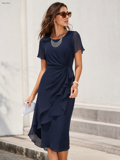 Dark Navy Dress with Asymmetric Ruffle