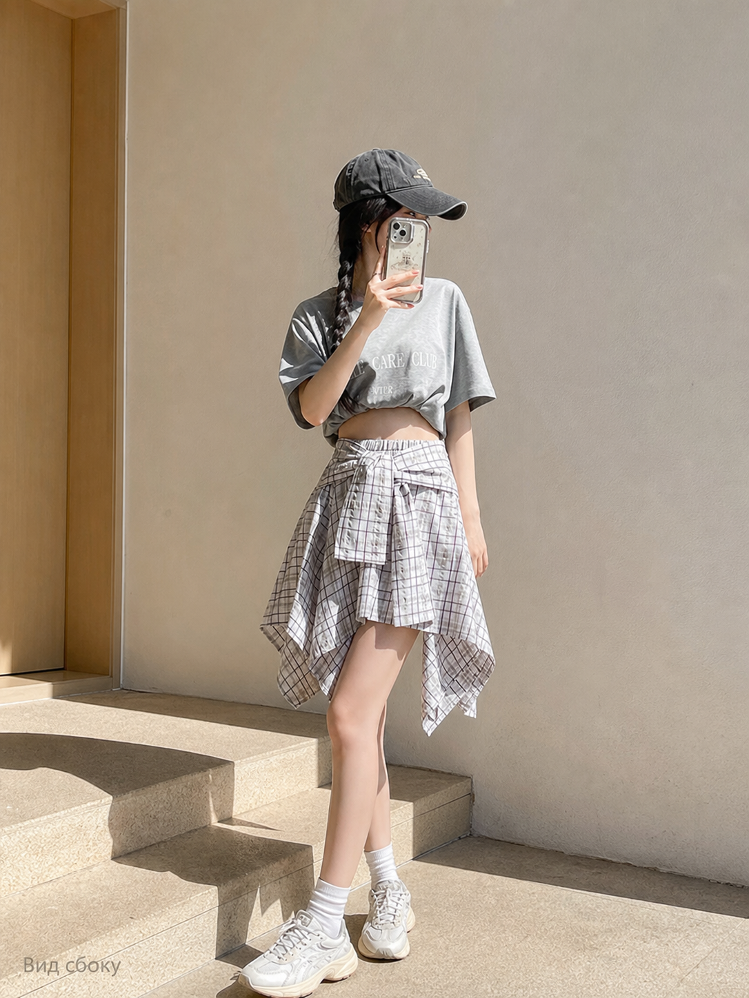 Women's Set: Short T-Shirt and Plaid Skirt