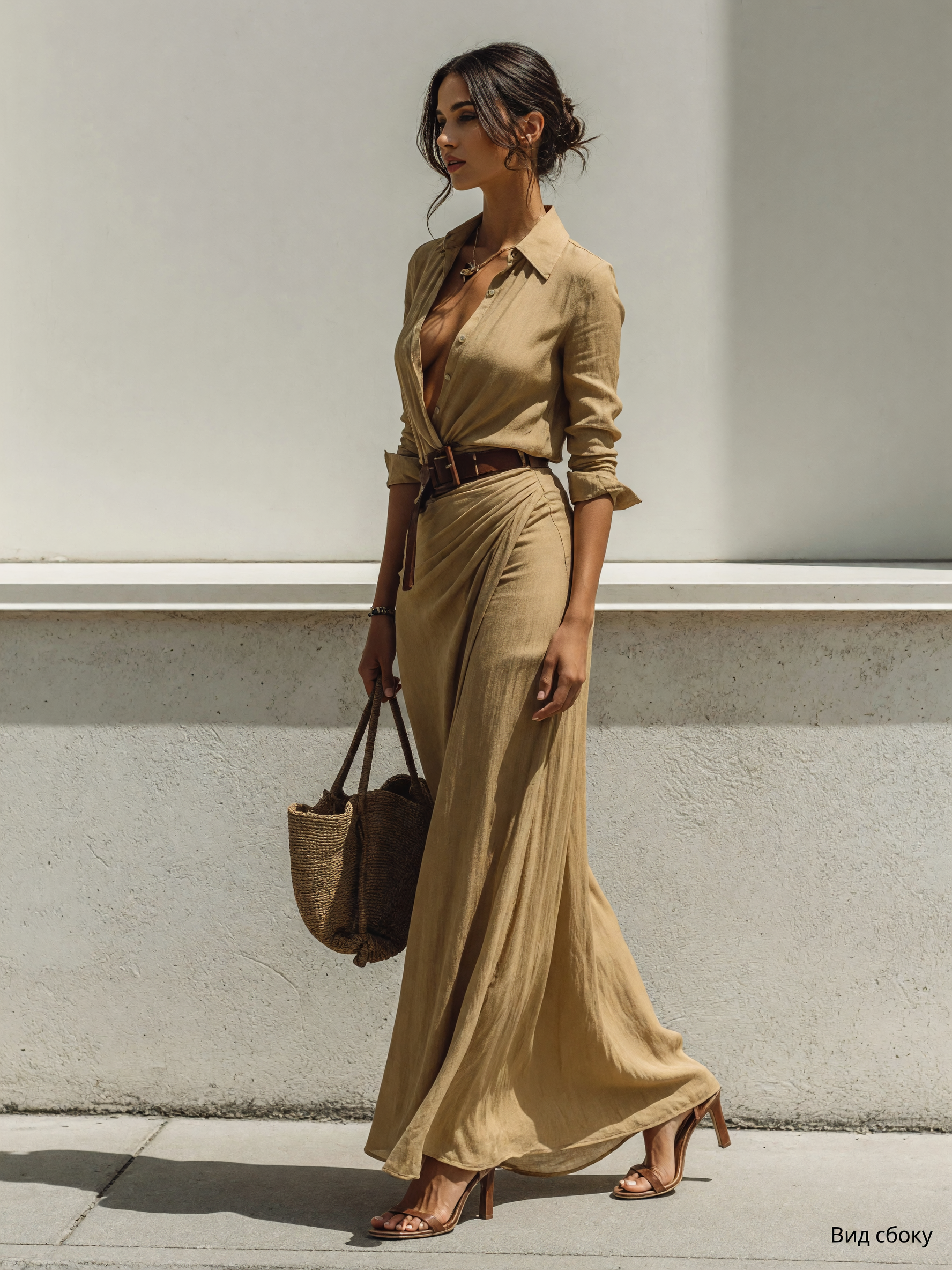 The dress features a long khaki silhouette with long sleeves, a shirt-style collar, and a crossover wrap front. The wrap construction creates a distinctive front line, while pleats at the waist add noticeable texture to the design. The fit 