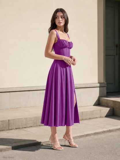 Purple dress with thin straps and a square neckline