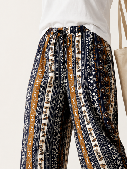 Boho Pattern Palazzo Pants with Drawstring Waist