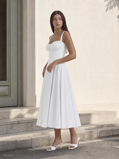 White Midi Dress with Thin Straps and a Fitted Bodice