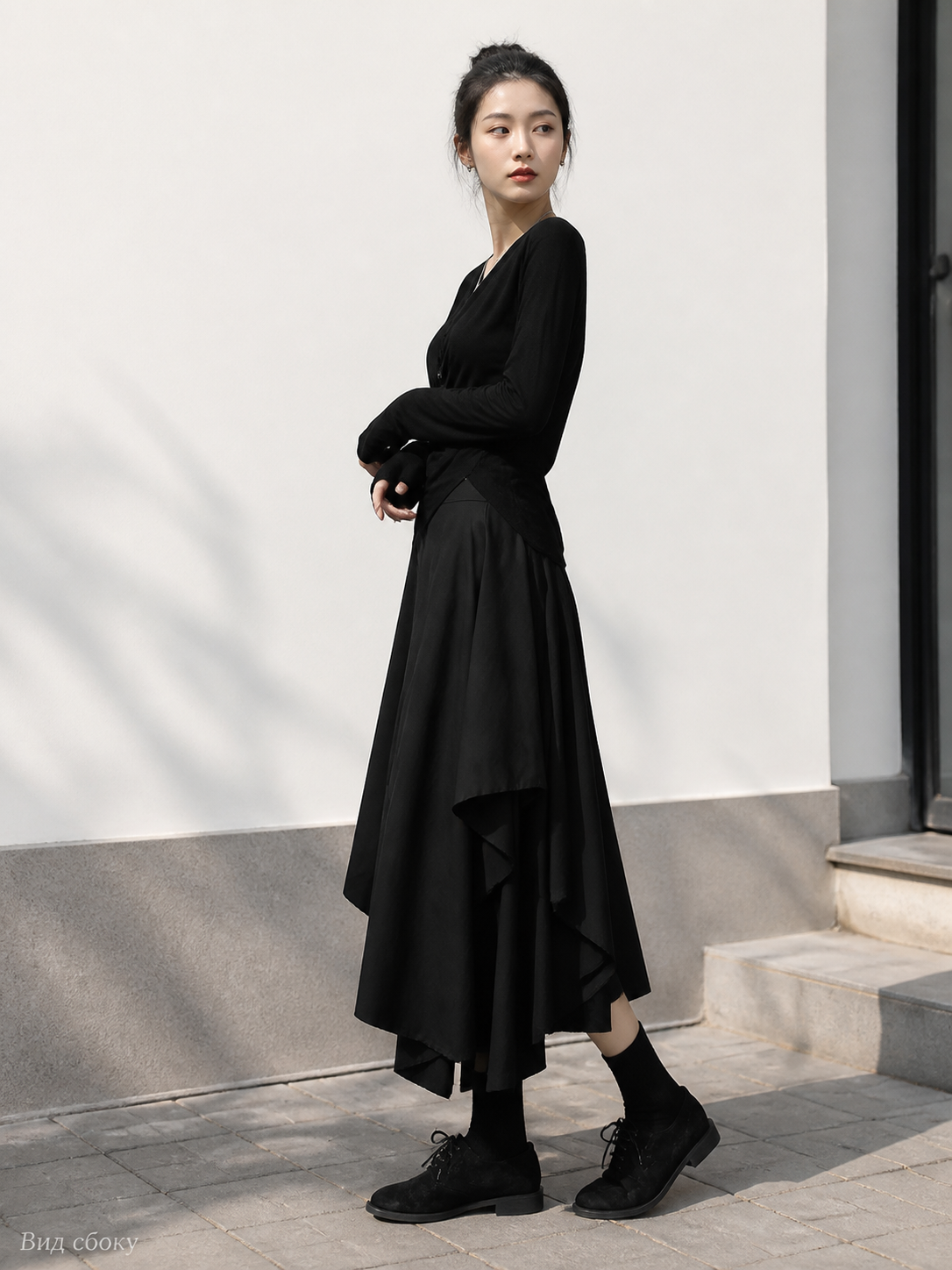Women's Black Long Skirt with an Asymmetrical Hem
