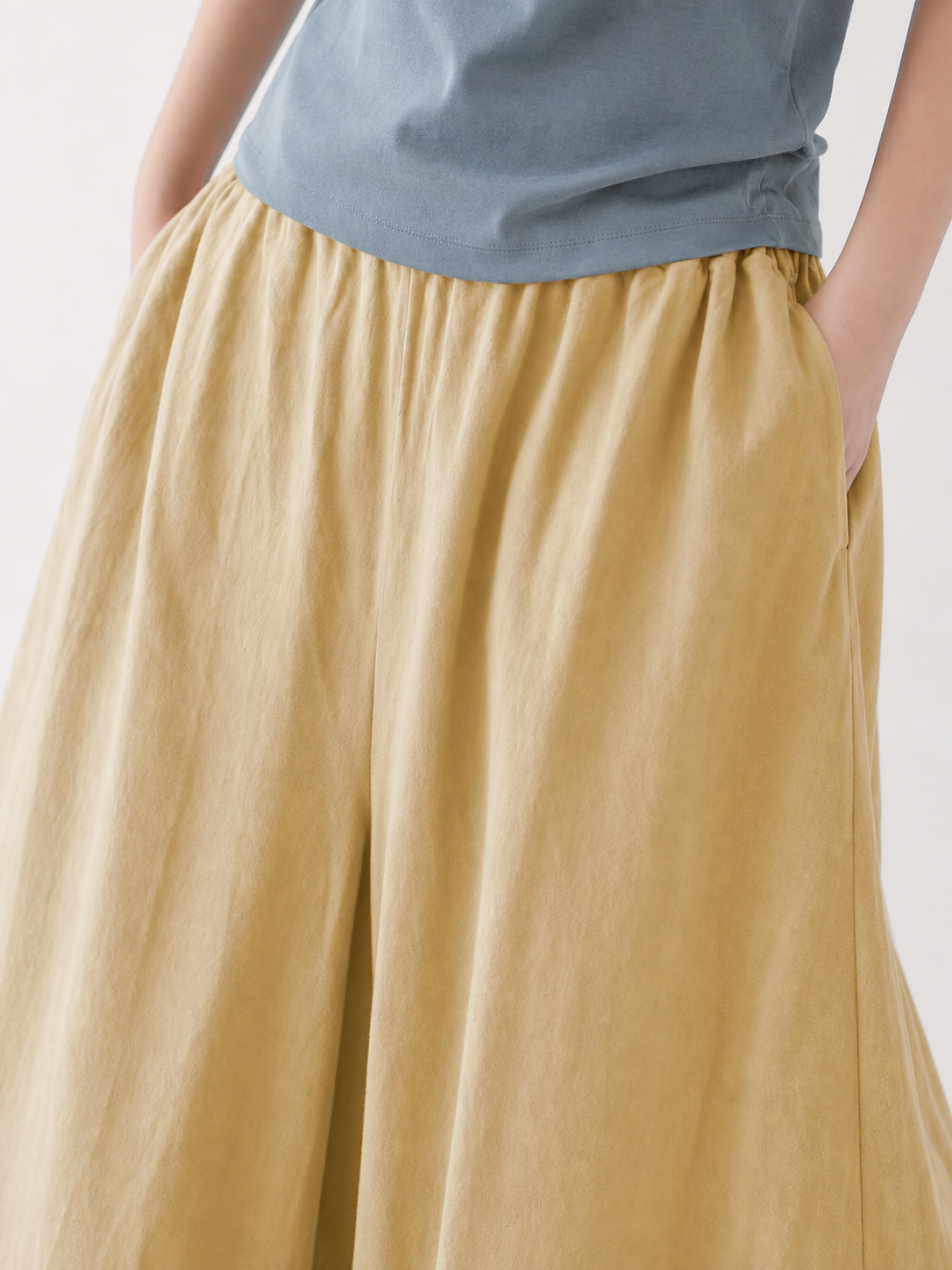 Apricot Wide Leg Pants, Elastic Waist Long Trousers with Two Side Pockets