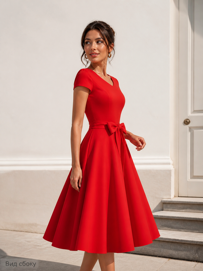 Red dress featuring a fitted bodice and flared skirt silhouette. The design includes a V-neckline and short sleeves, with a bow centered at the waistline and long decorative ribbons extending down the front as a distinctive design detail. T