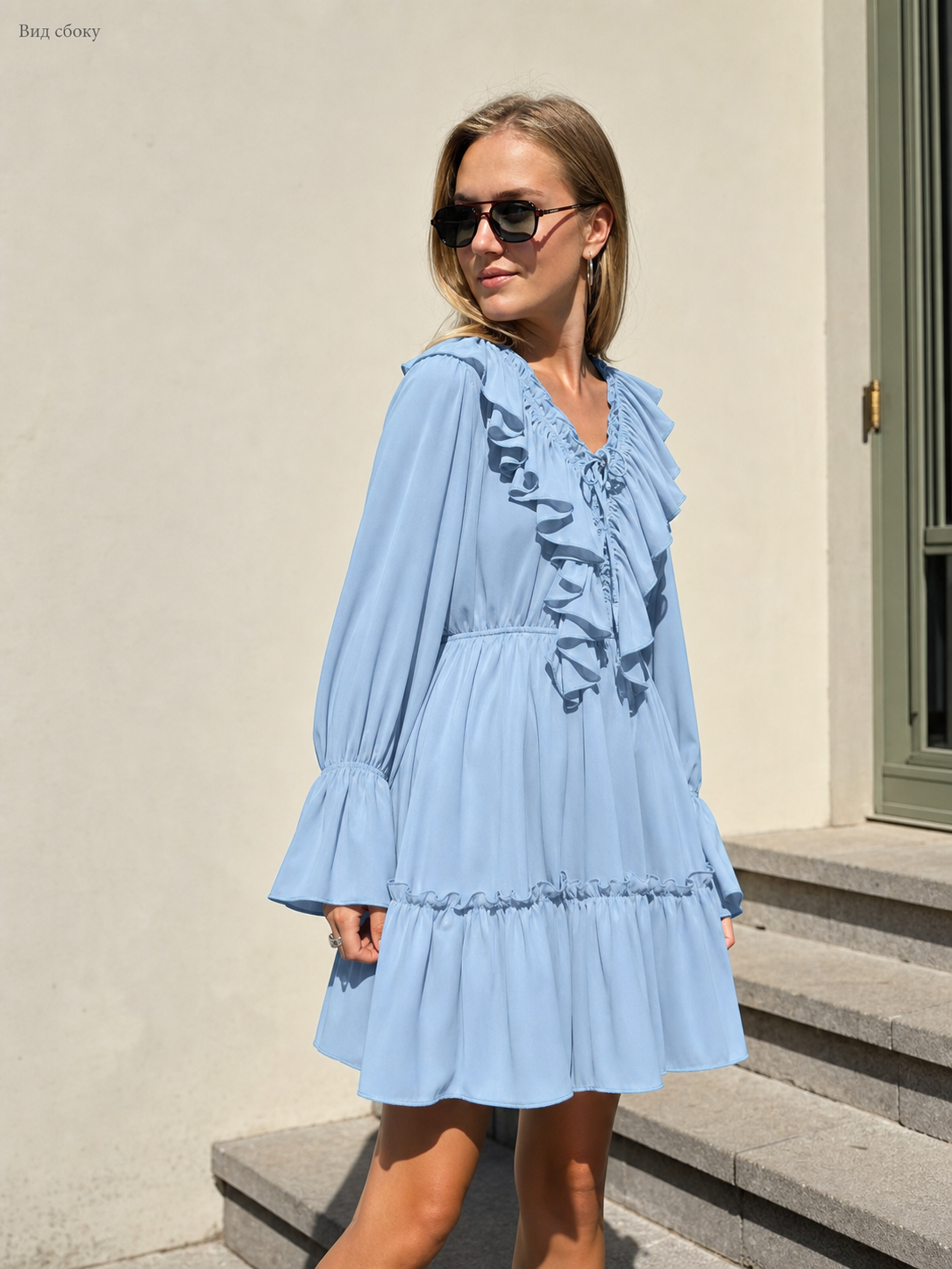 Women’s Light Blue Dress with Ruffles and a Gathered Bodice