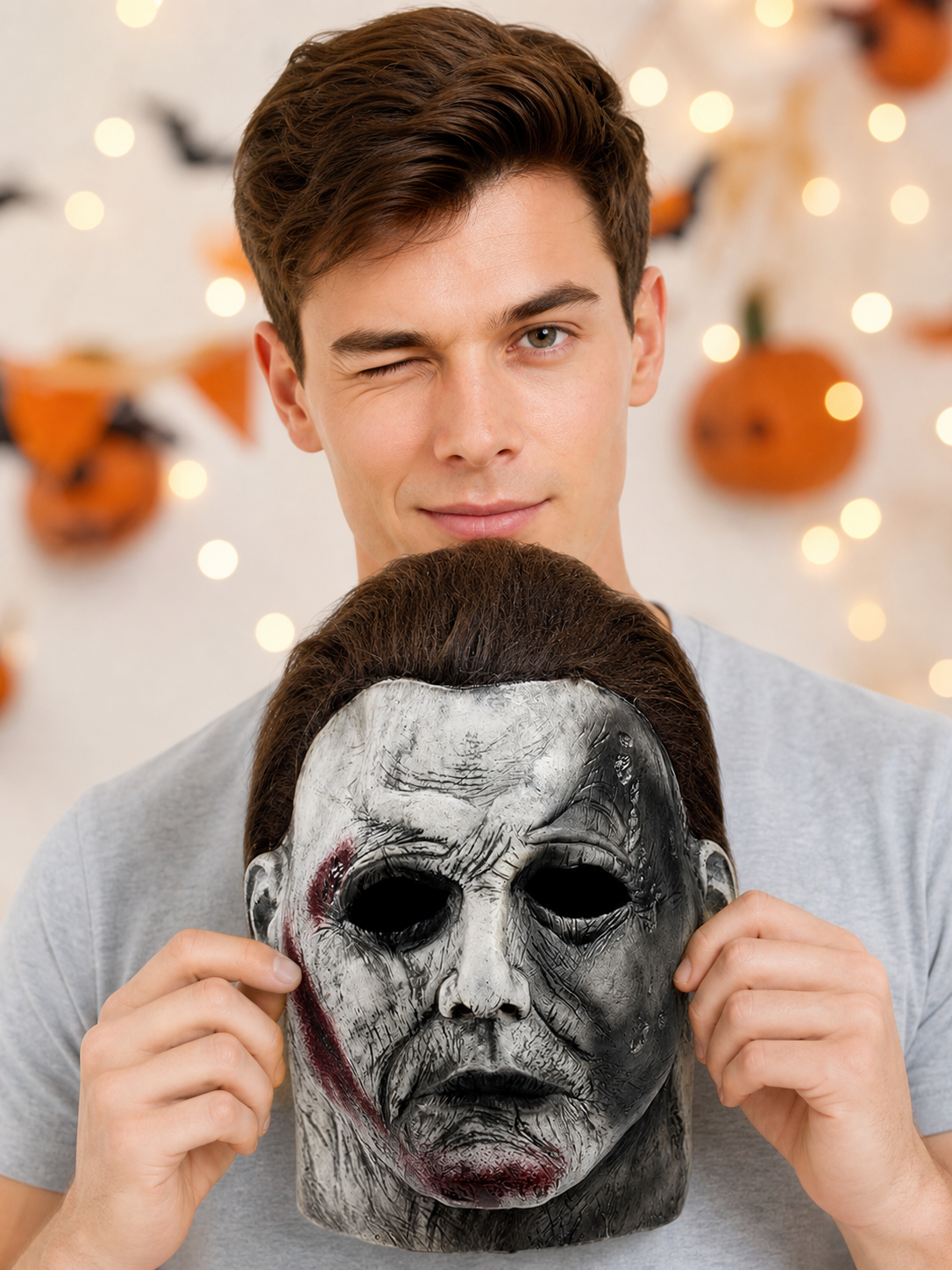 Red face mask with a realistic design