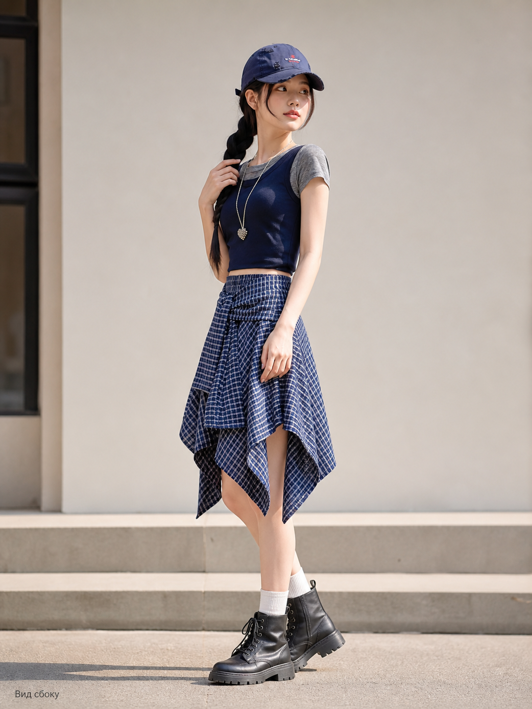 Women's Plaid Skirt with Asymmetrical Hem