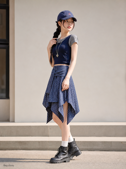 Women's Plaid Skirt with Asymmetrical Hem