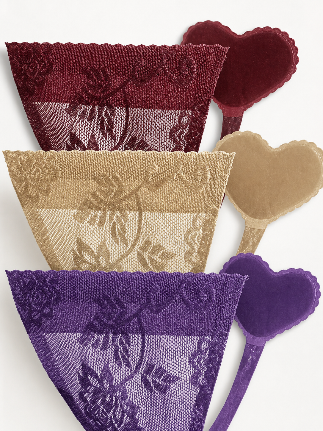 Lace triangle panties, 3-pack (burgundy, nude, purple)