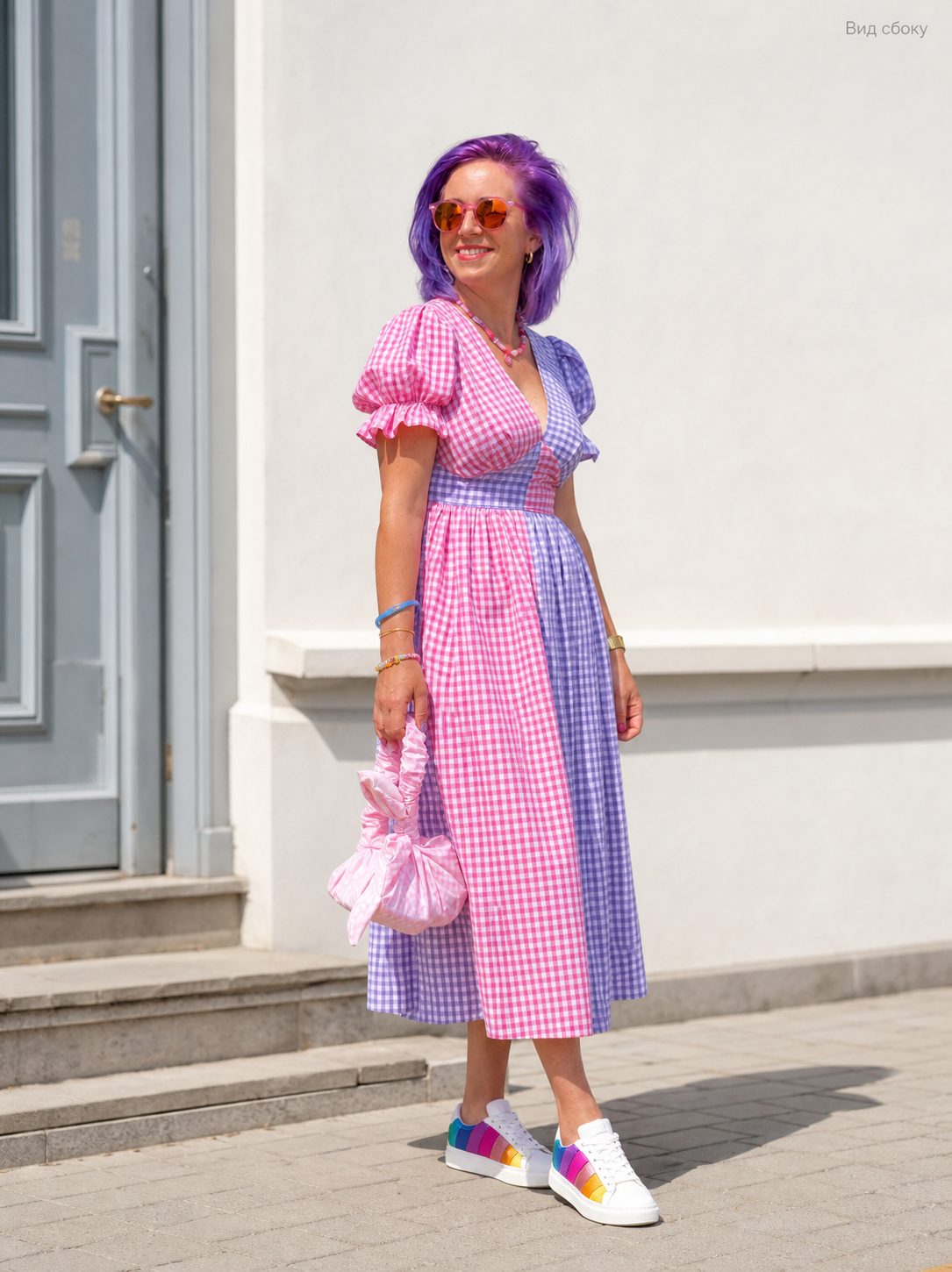 Midi Dress with a V-Neckline, Waist Emphasis, and Puff Sleeves