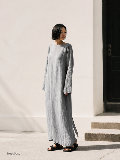 Long loose straight-cut dress with long sleeves