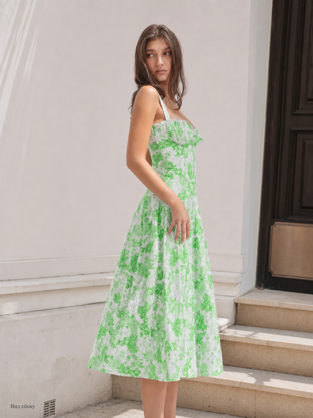 Women's Summer Midi Dress with Thin Straps and Floral Print