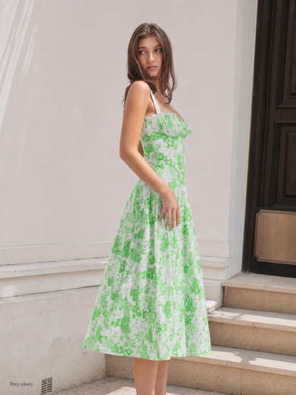Women's Summer Midi Dress with Thin Straps and Floral Print
