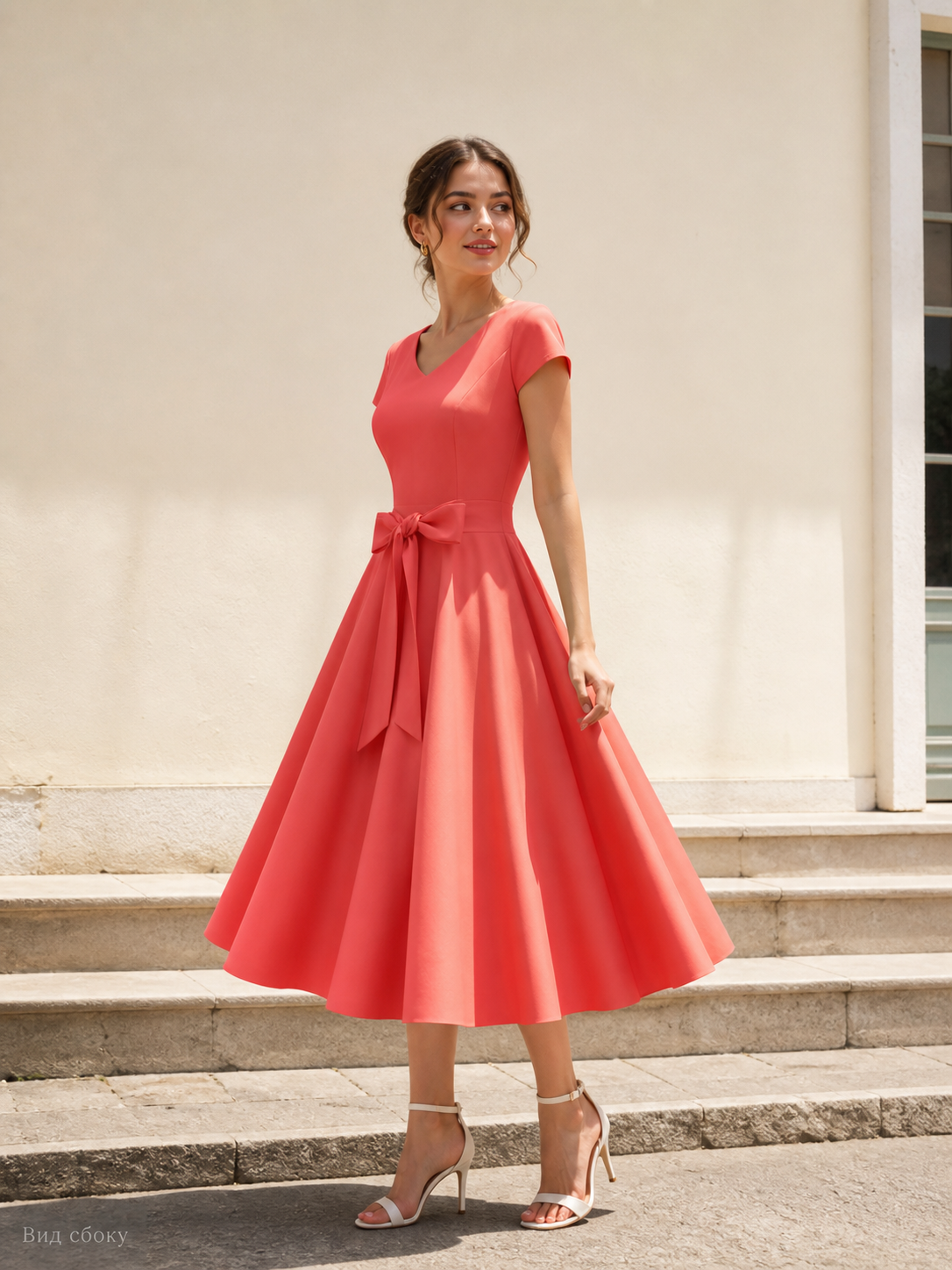 Coral V-Neck Dress with Large Bow