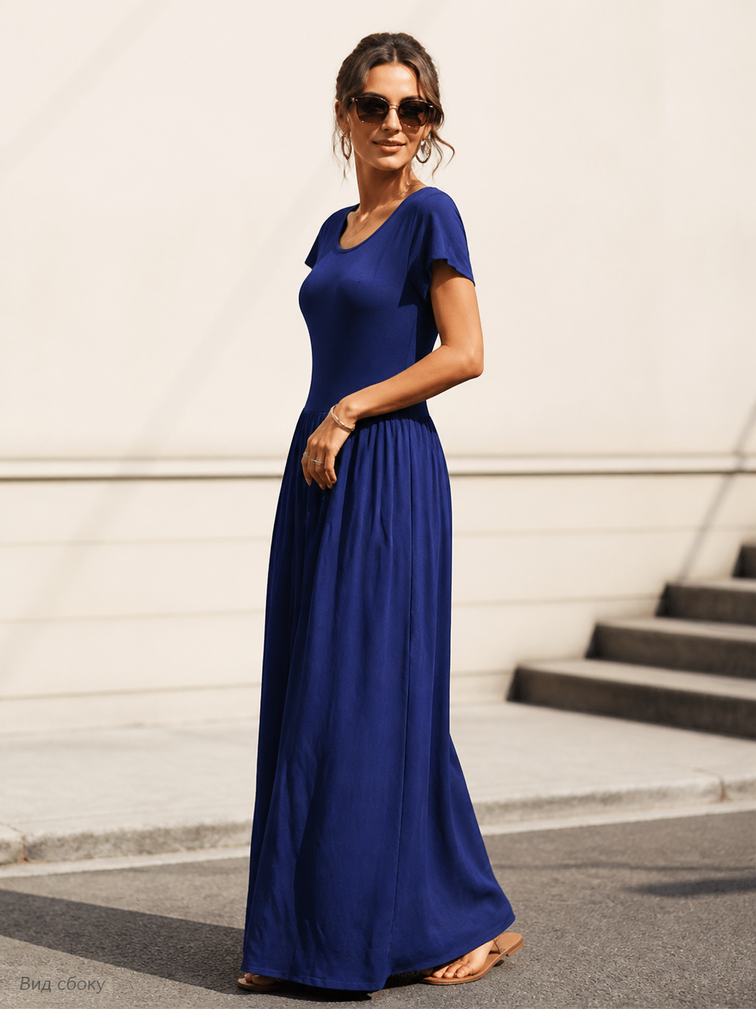 Long Women's Dress with Short Sleeves and Pleats
