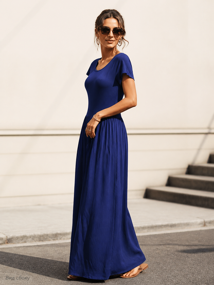 Long Women's Dress with Short Sleeves and Pleats