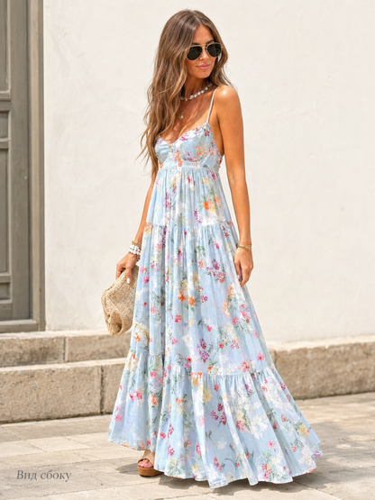 Women's Long Tiered Dress with Thin Straps