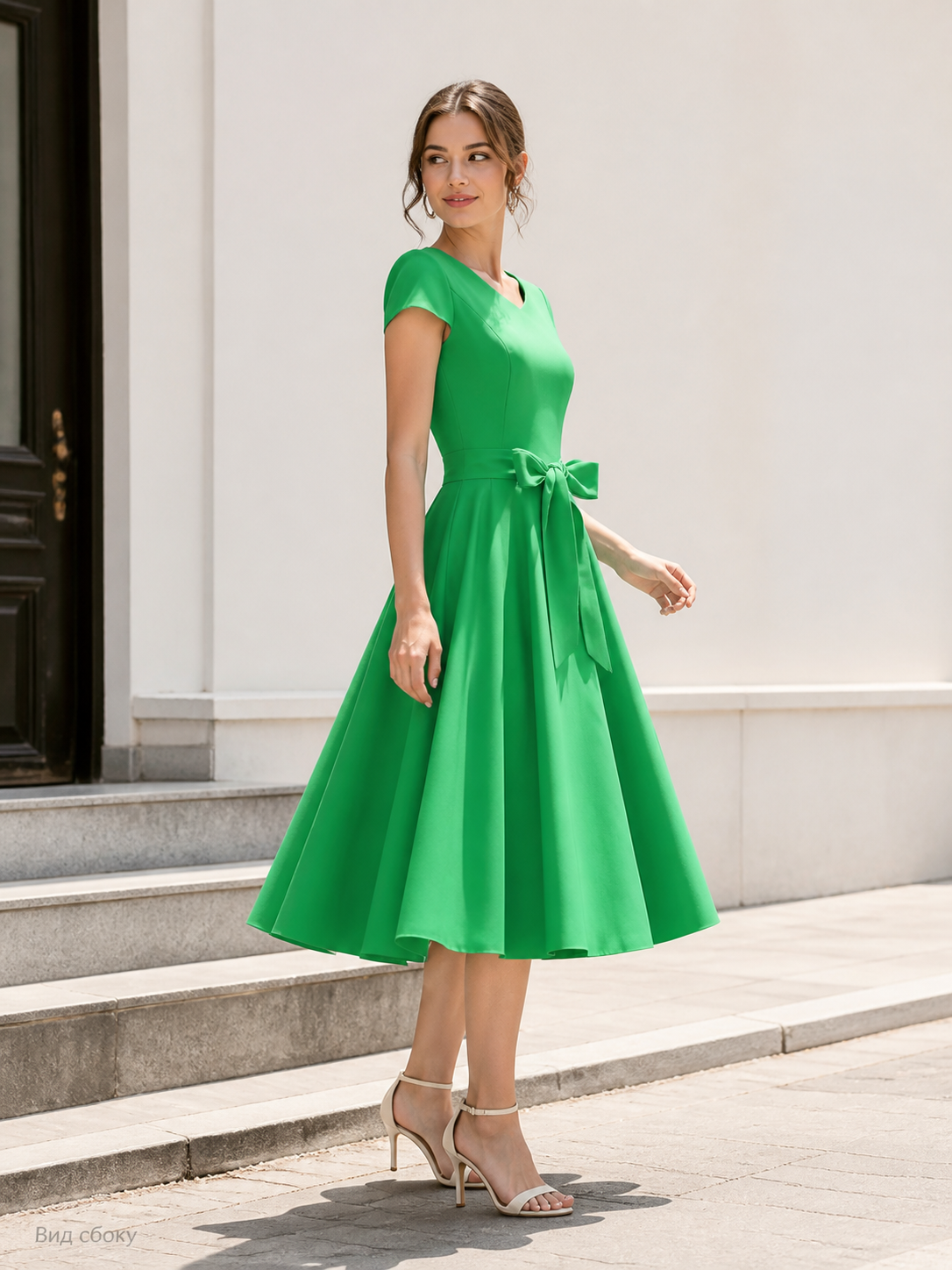 Green V-Neck Dress with Bow