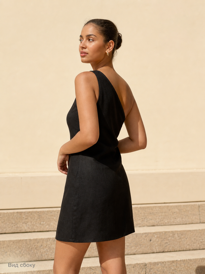 Black Women's Mini Dress with an Asymmetric Shoulder