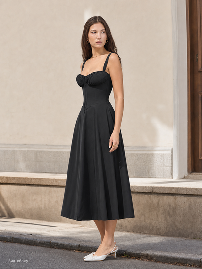 Women's Black Midi Dress with Thin Straps and Tie