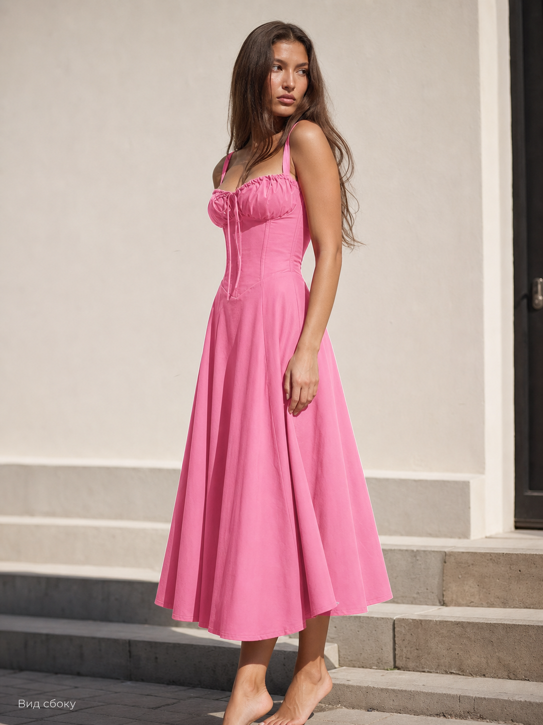 Women's midi dress with thin straps and a drawstring detail