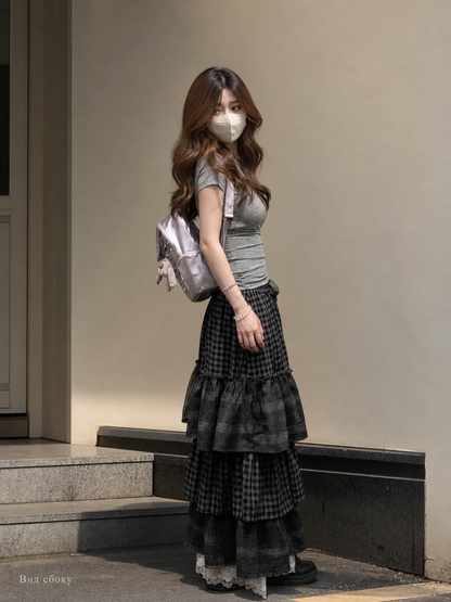 Women's Long Gray-and-Black Plaid Skirt with Ruffles