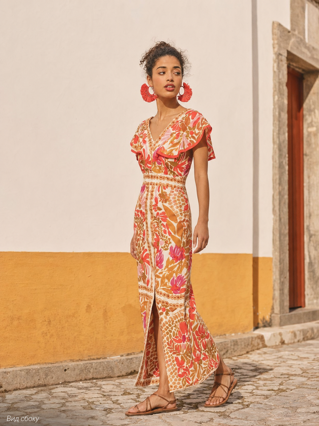 One-piece jumpsuit with a V-neckline, short sleeves, and wide-leg pants. The design is made as a single construction with a connection at the waistline. The upper part features a V-neckline and short sleeves, while decorative patterned elem