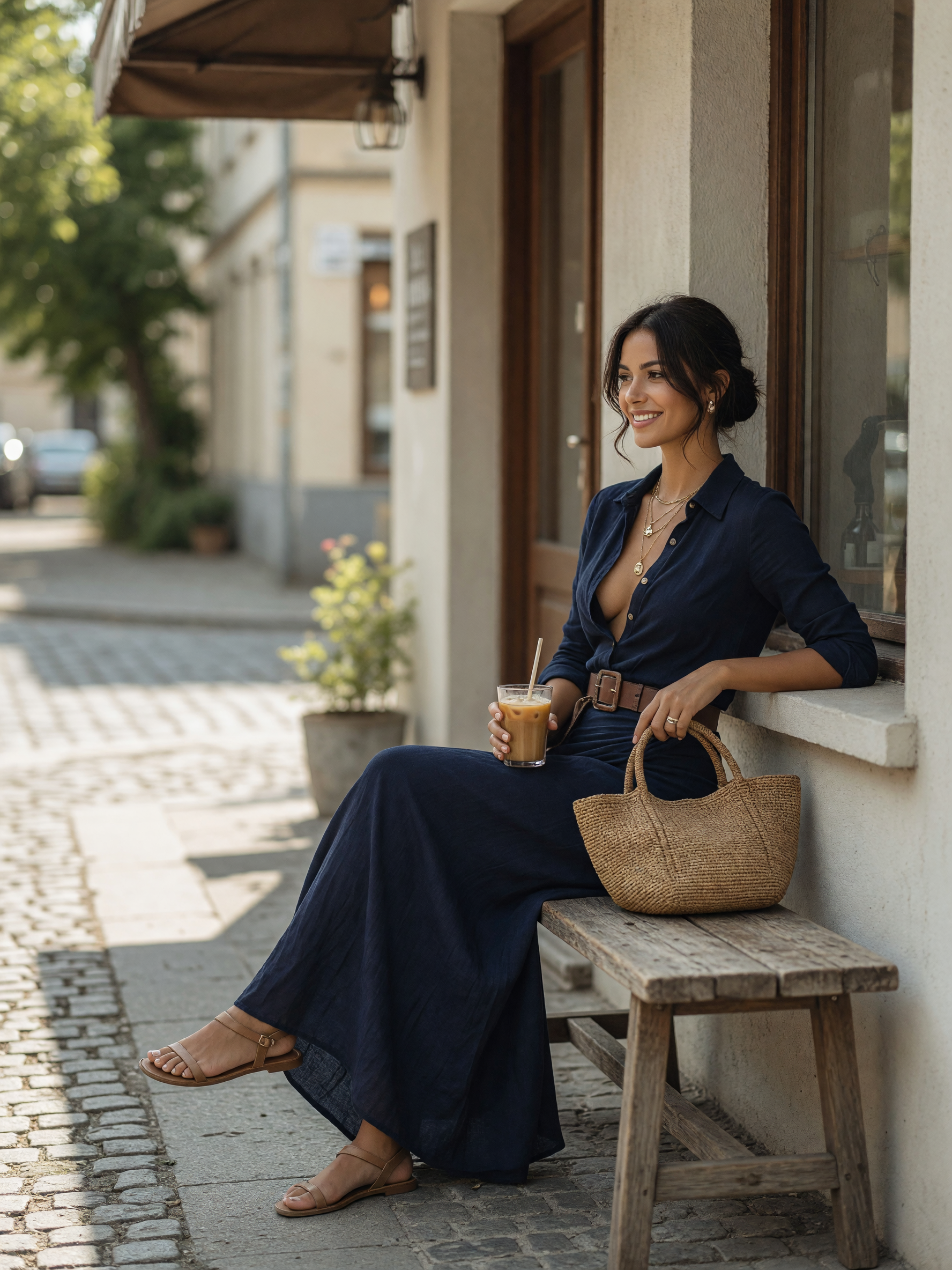 Women's dark navy dress with a belt and long sleeves