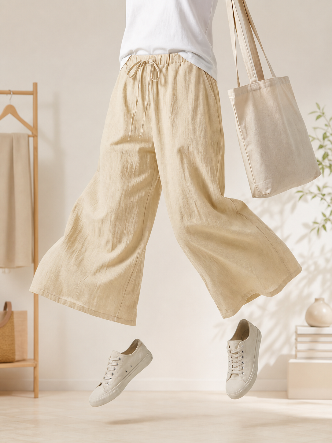 Light Khaki Full-Length Wide-Leg Pants
