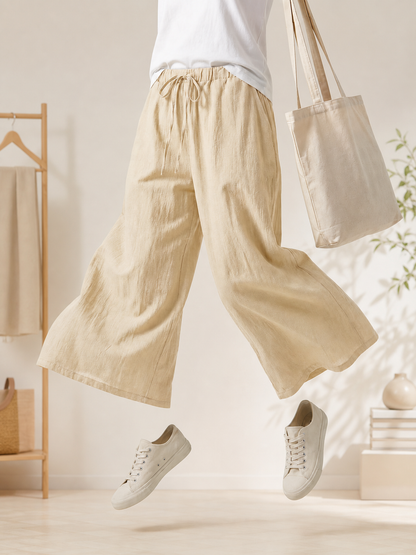Light Khaki Full-Length Wide-Leg Pants