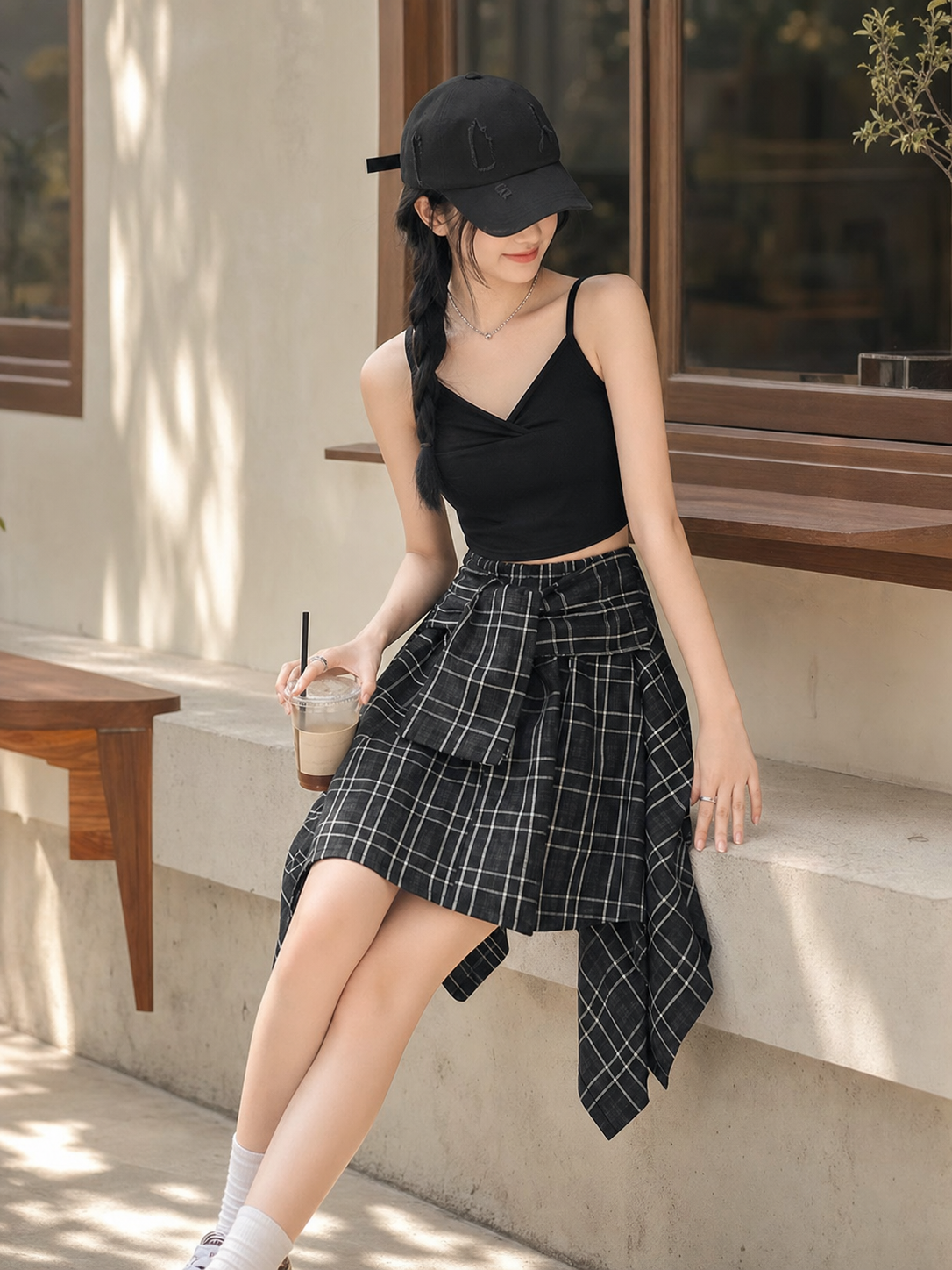 Women's Asymmetrical Black-and-White Plaid Skirt