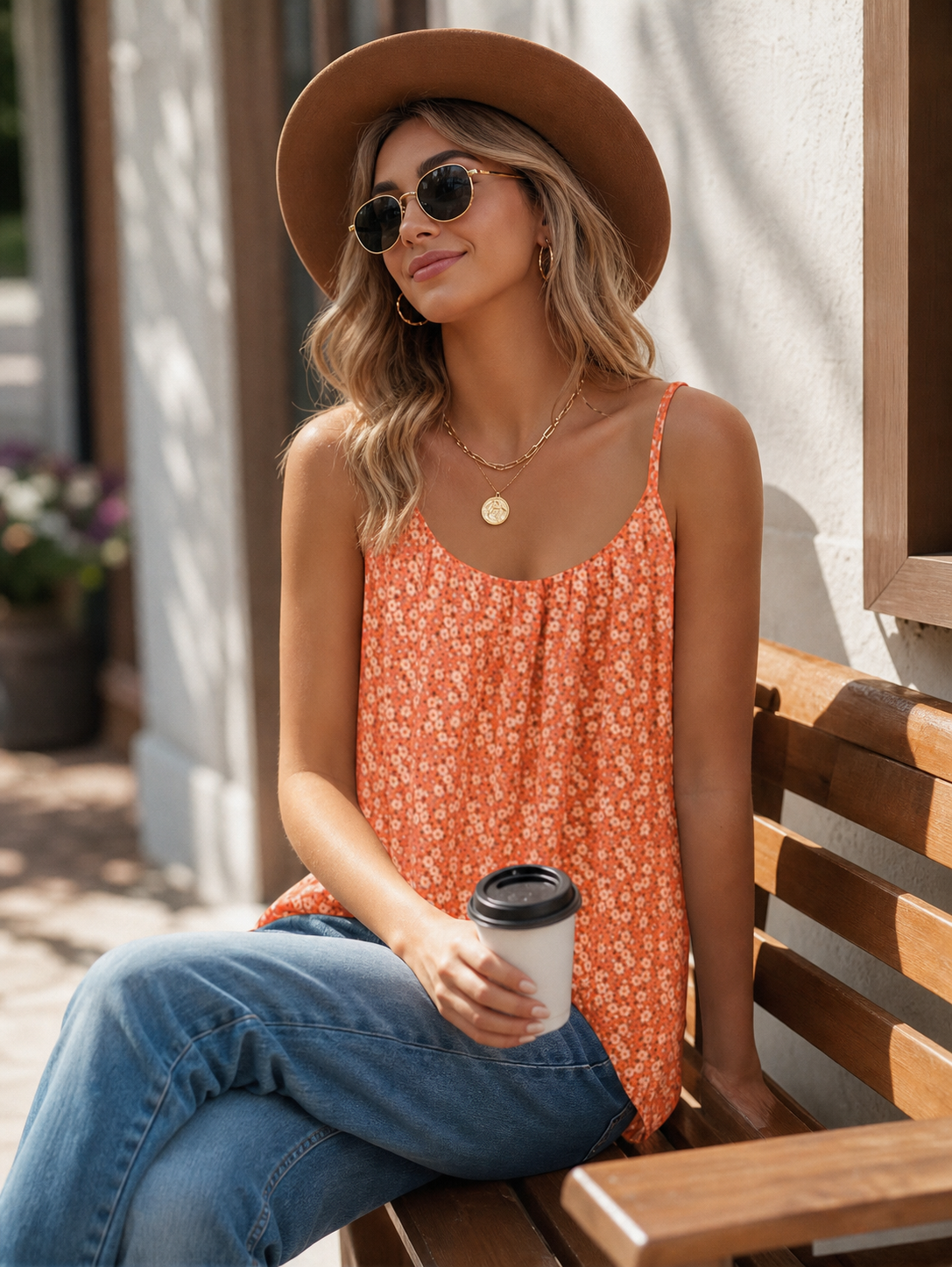 Women's Tank Top with White Floral Print