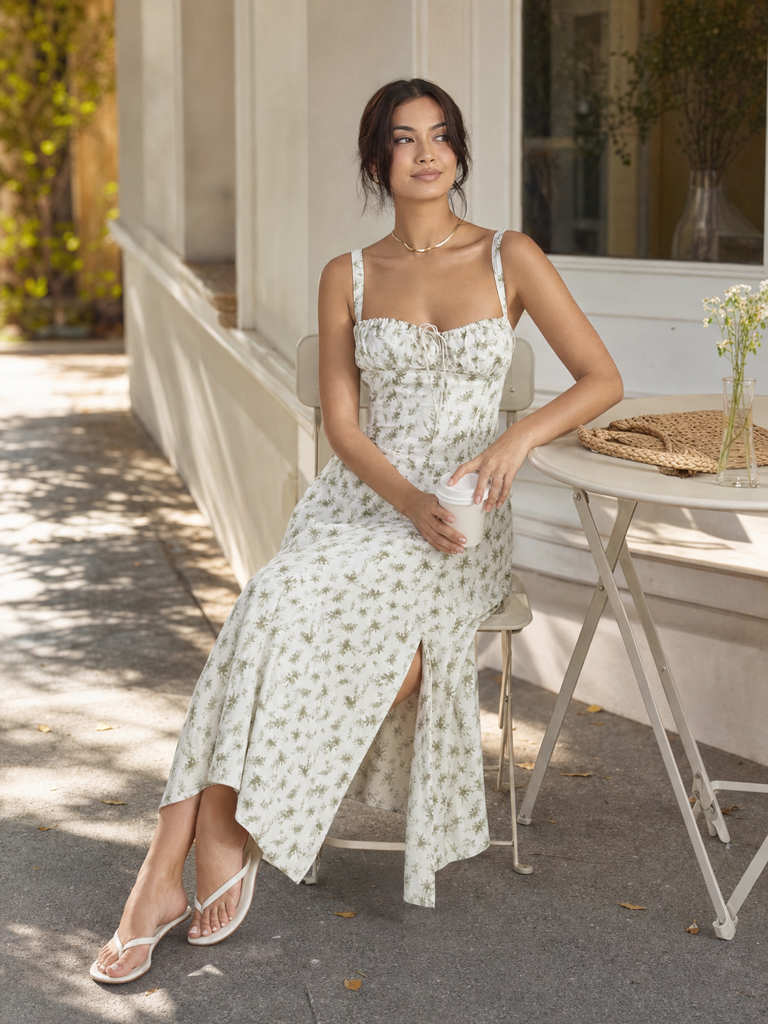Women's midi dress with a square neckline and slit