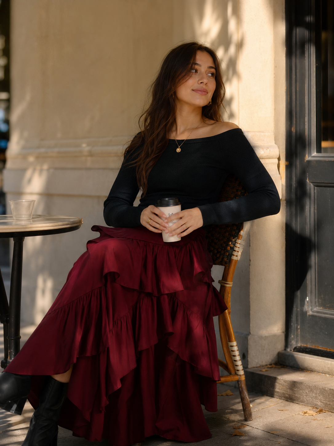Burgundy Skirt with an Asymmetrical Tiered Ruffle