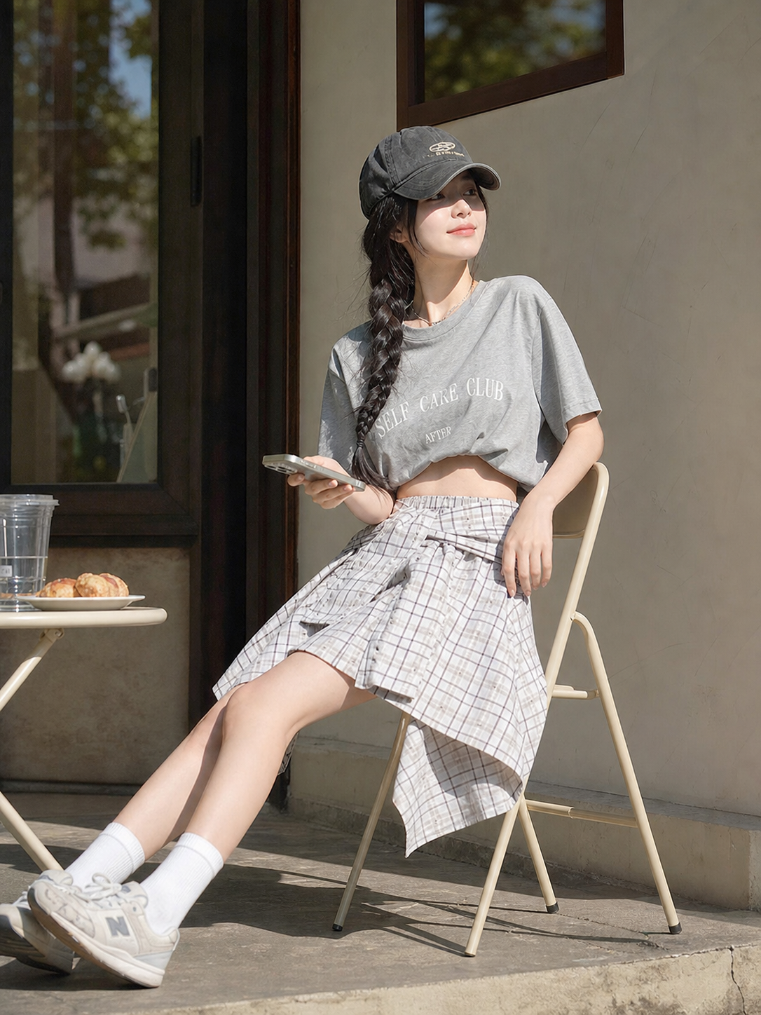 Women's Set: Short T-Shirt and Plaid Skirt