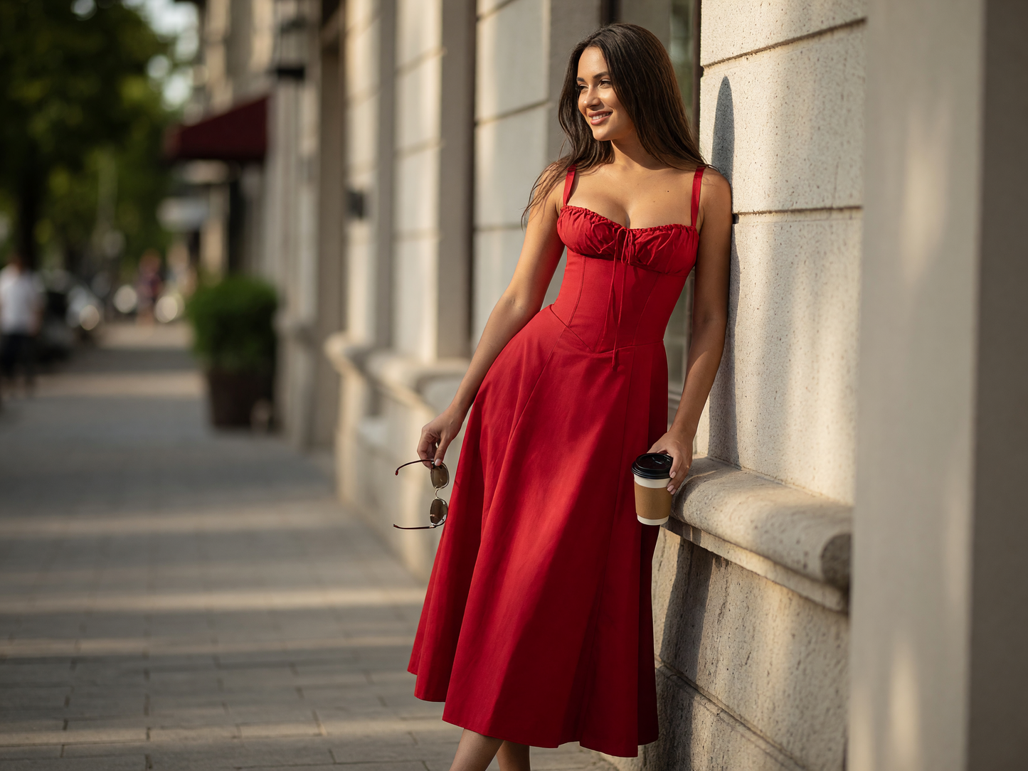 Red dress with thin straps and a fitted silhouette