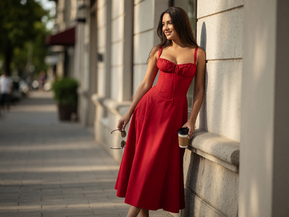 Red dress with thin straps and a fitted silhouette